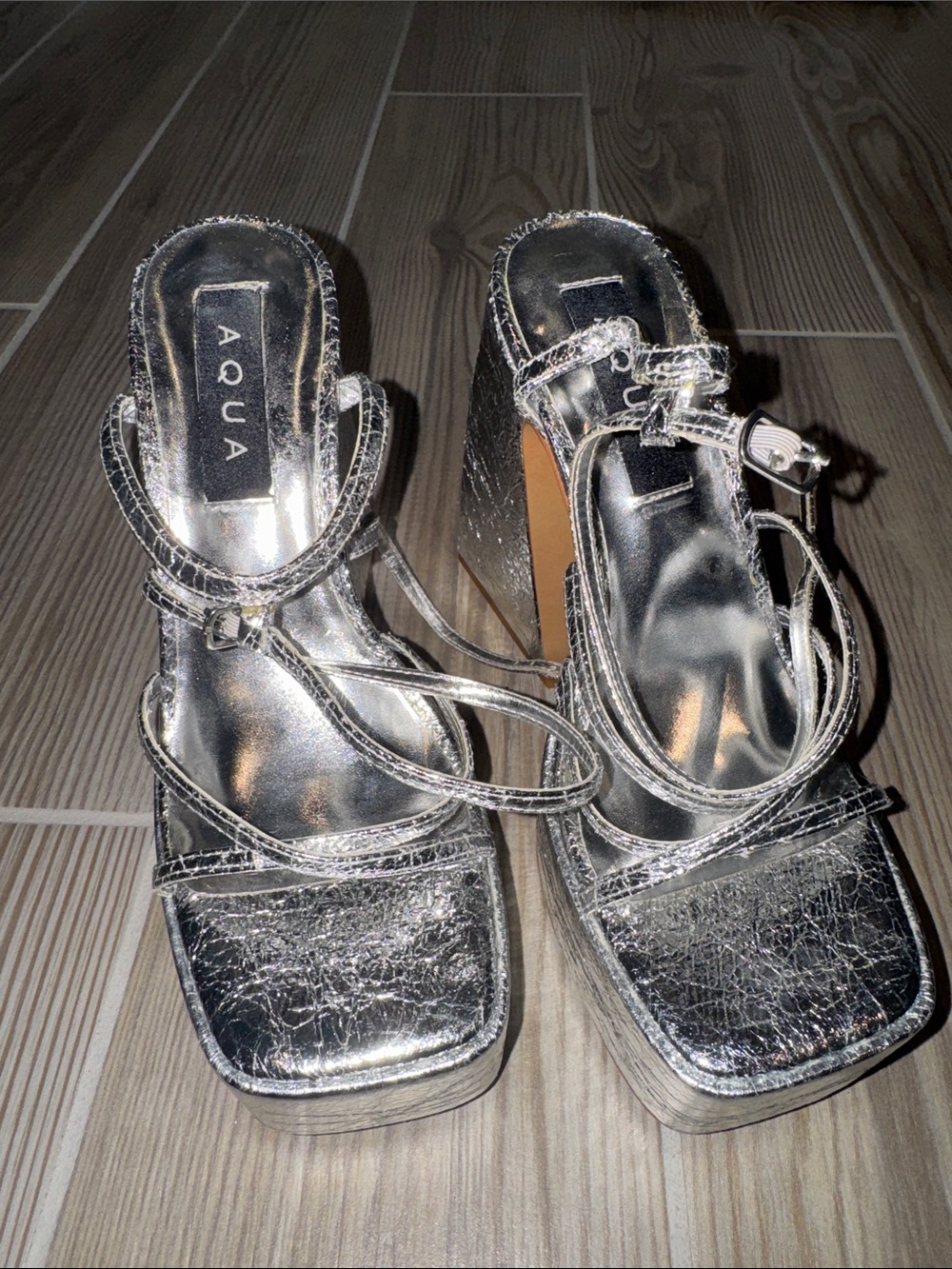 Aqua Metallic Silver Strappy Platform Sandals